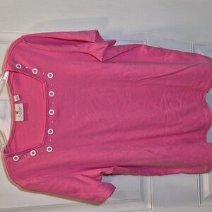 Quaker Factory pink short sleeve tee with embellished neckline